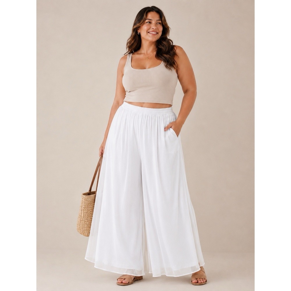 Halara XL Tall Mesh Overlay Wide Leg Palazzo Pants White NWT Pockets Resort $60